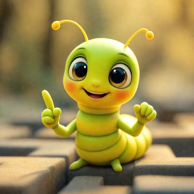The primary subject of the image is a small, yellow, smiling insect figurine, likely a toy or a decoration. The setting is a table with a brick pattern, and the visual style appears to be a digital art or illustration. The colors are predominantly yellow and orange, creating a cheerful and lively atmosphere.